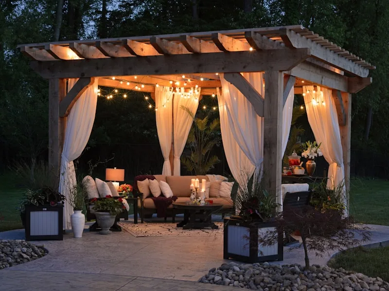 Beautiful gazebo with string lights, perfect for a spa setup